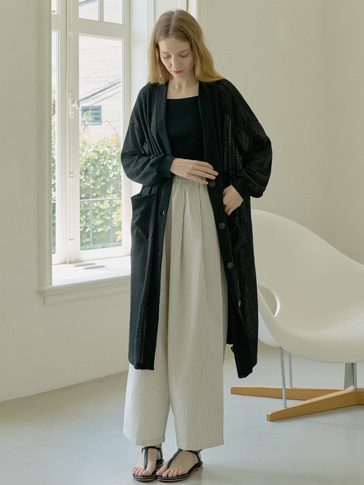 아방(AVANT-G) Striped Banding Wide Pants - CREAM