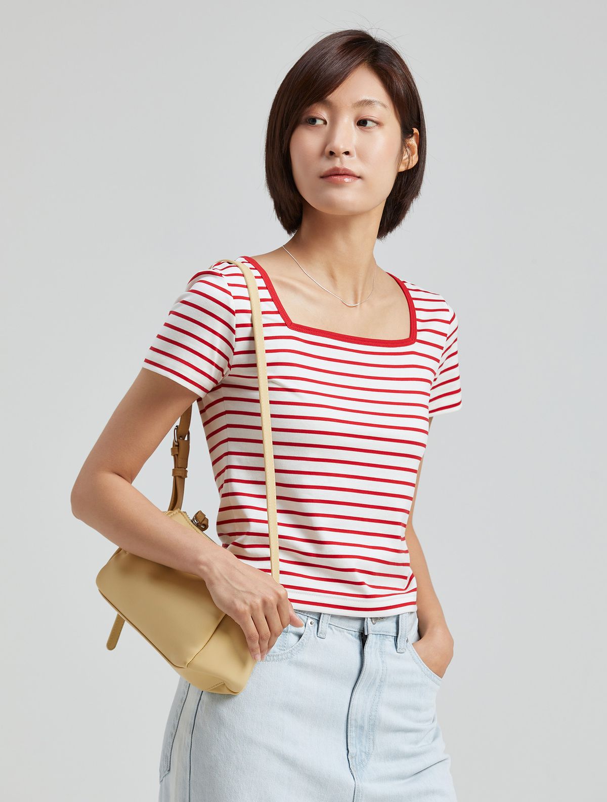 와이잭(YJACK) W_스트라이프 스퀘어넥 립바인딩 반소매 티셔츠 (180gsm) LJT1640S