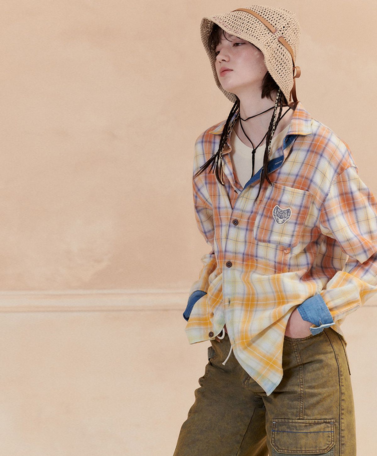누크피터(NUUKFITTER) GRADATION WASHING CHECK SHIRT [ORANGE]