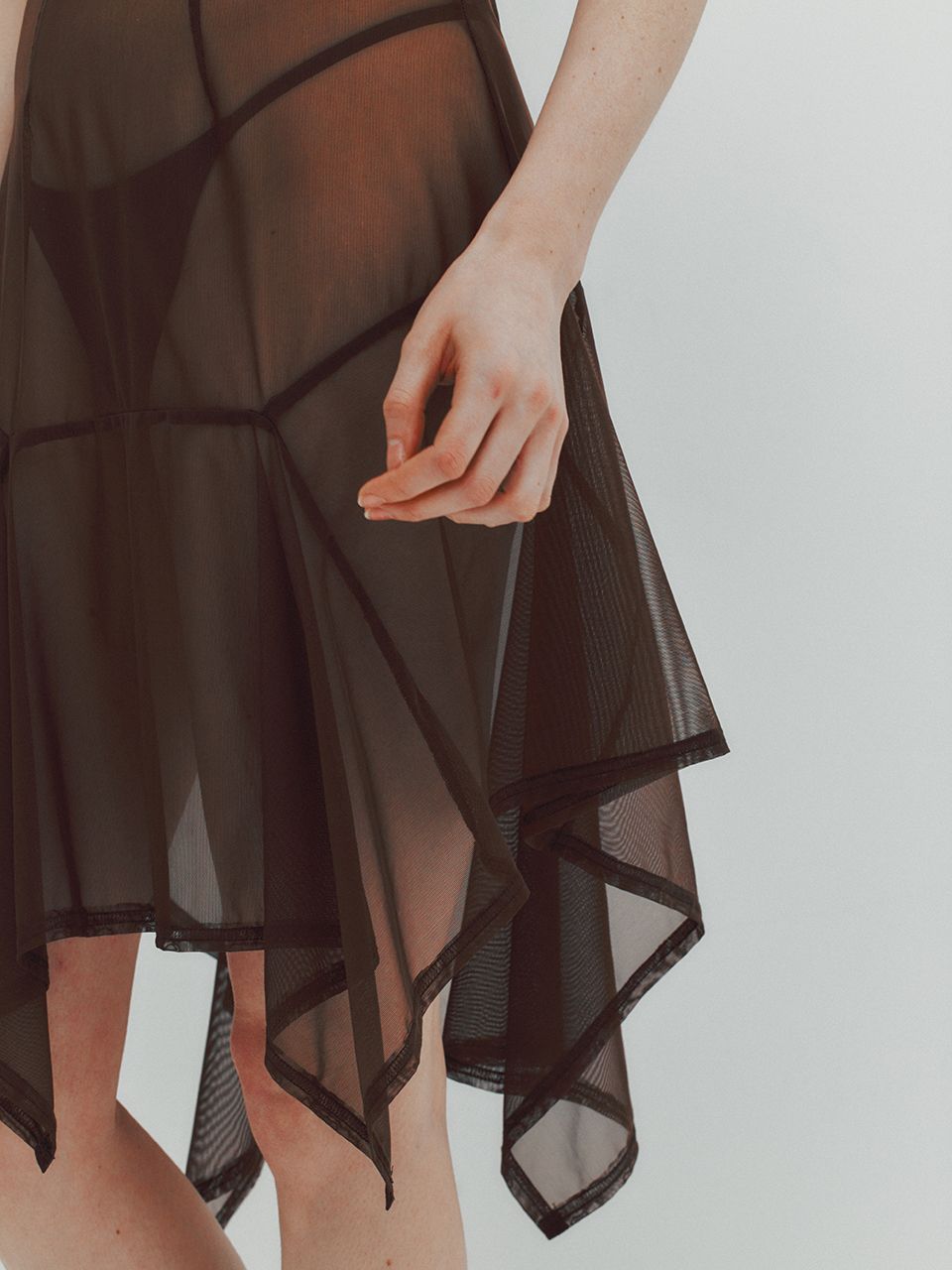 MUSINSA | MEENDERI ASYMMETRIC MESH DRESS - BROWN