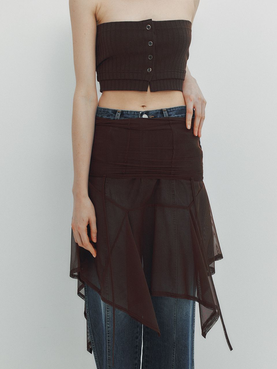MUSINSA | MEENDERI ASYMMETRIC MESH DRESS - BROWN