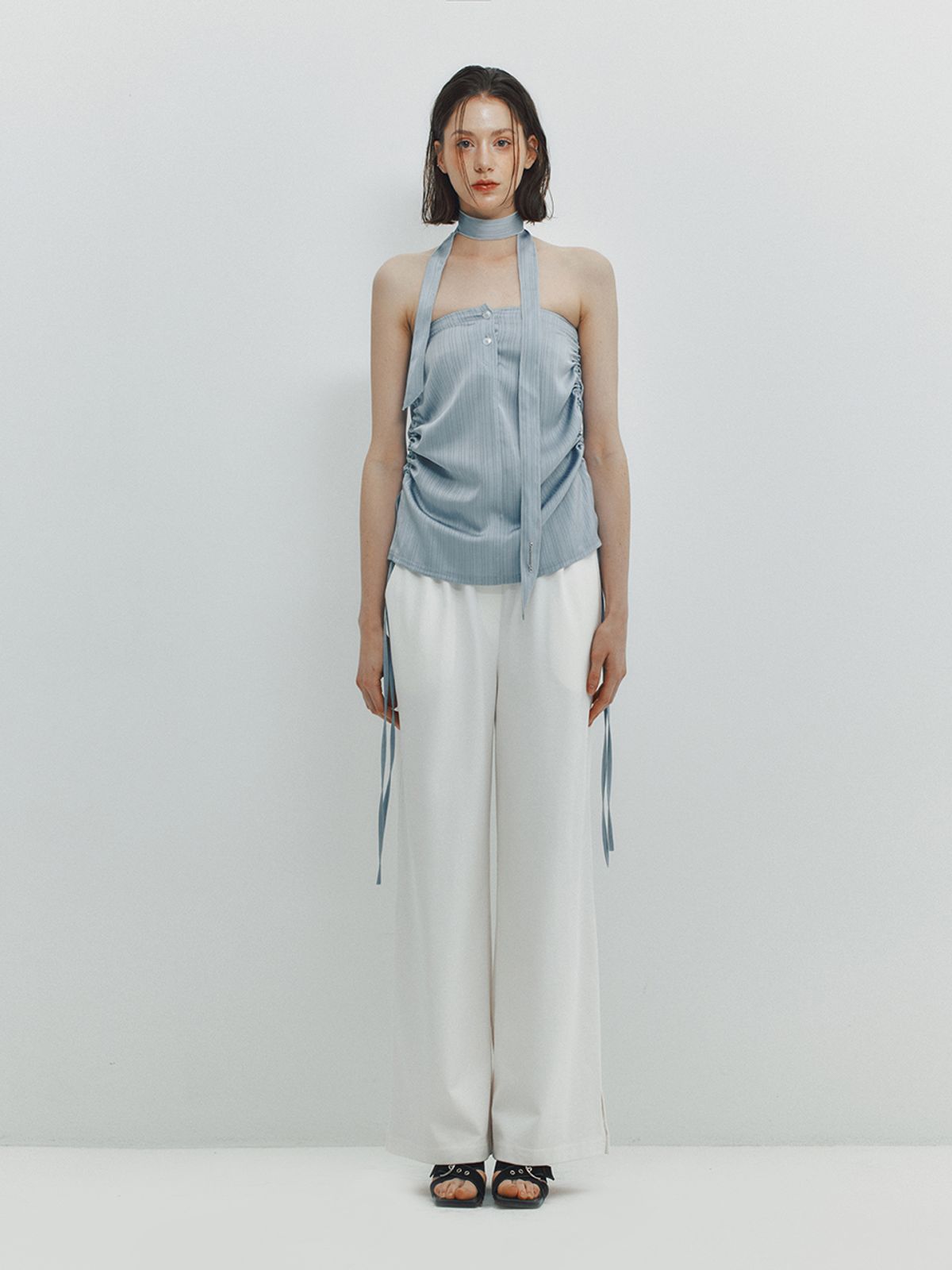 민더리(MEENDERI) SHIRRING SATIN SKIRT - SKY BLUE