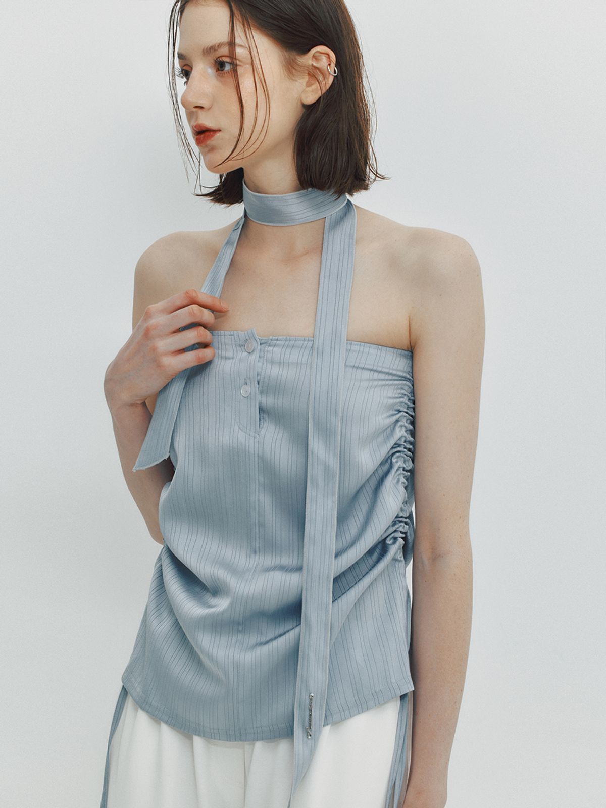 민더리(MEENDERI) SHIRRING SATIN SKIRT - SKY BLUE