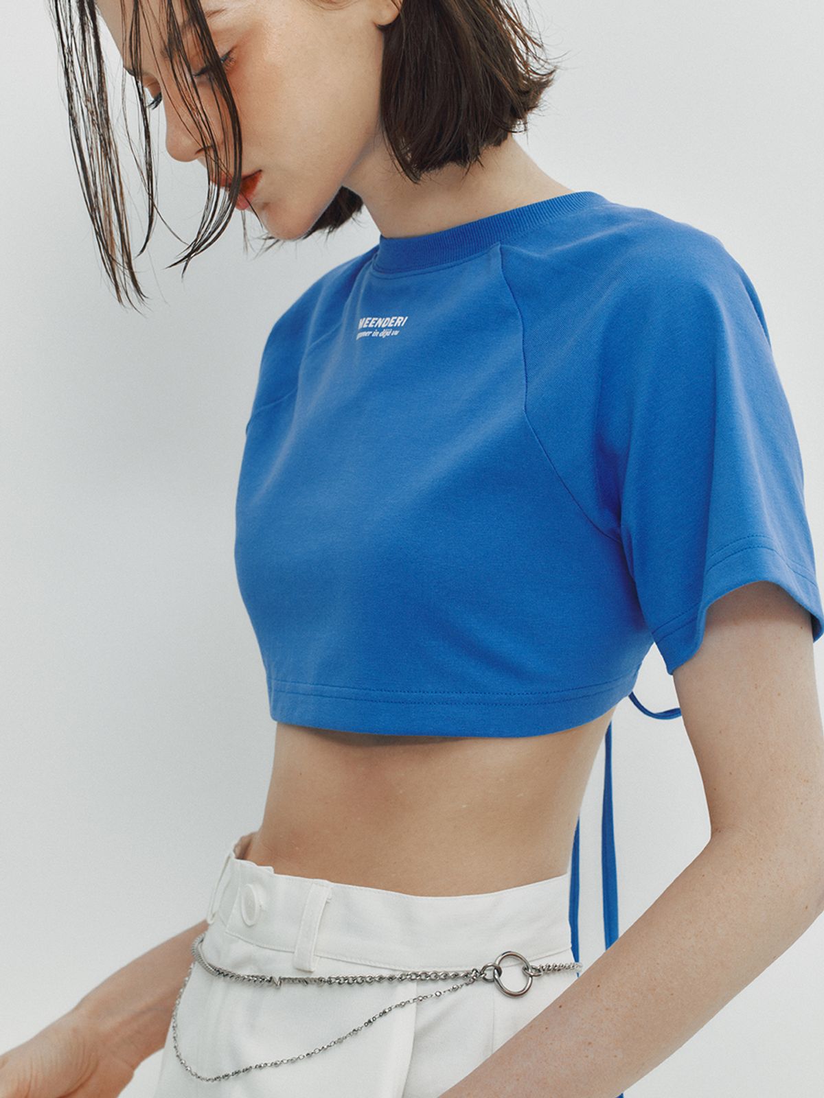 민더리(MEENDERI) BACK LACE UP CROPPED TOP - BLUE