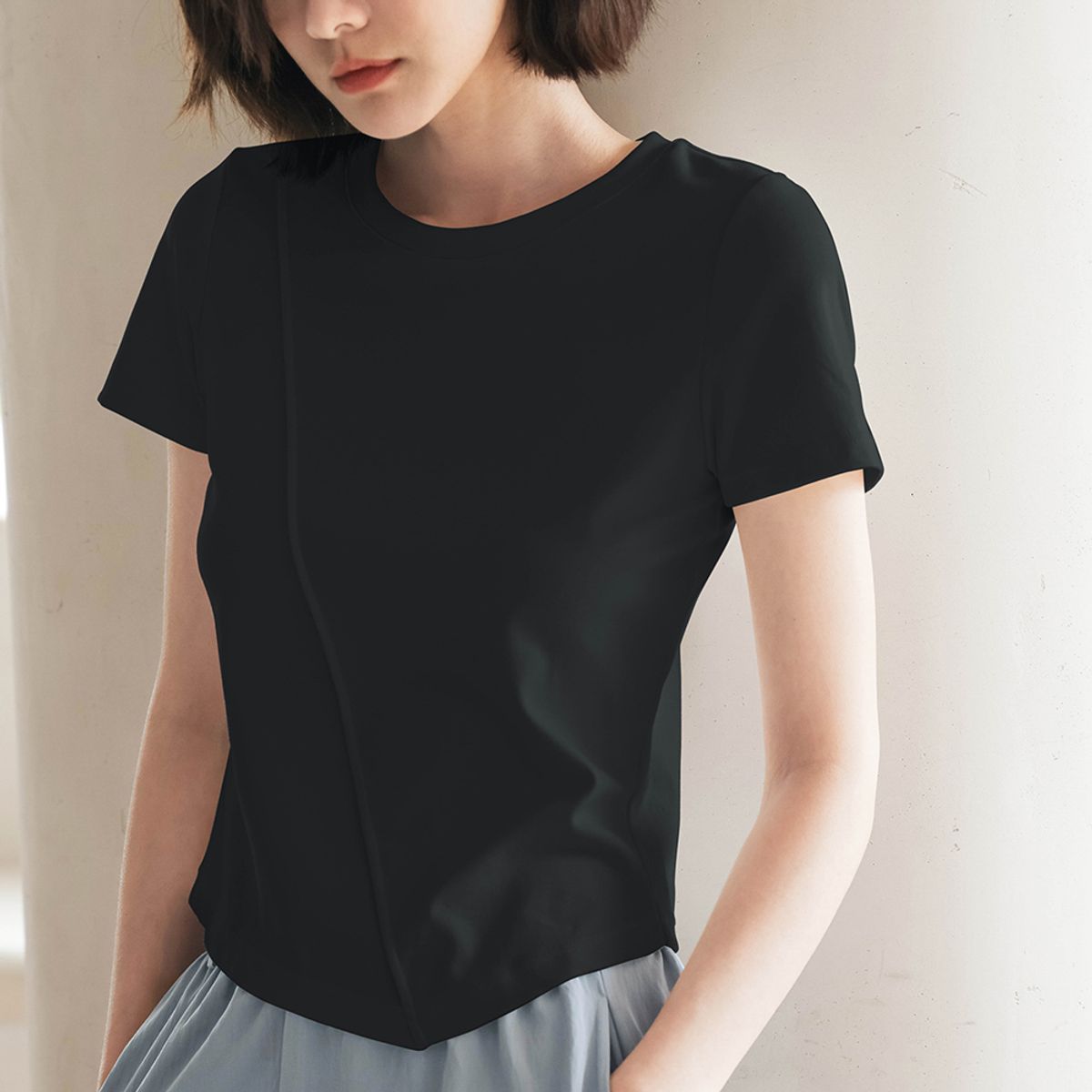 랭썬(LANGSON) LS_Crew neck slim fit top_BLACK