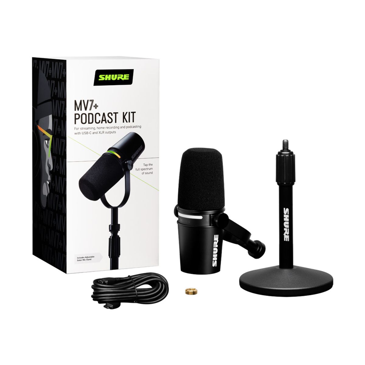 슈어(SHURE) MV7+ Podcast Kit 팟캐스트 XLR, USB-C 하이브리드 듀얼 마이크 키트 (스탠드 포함)