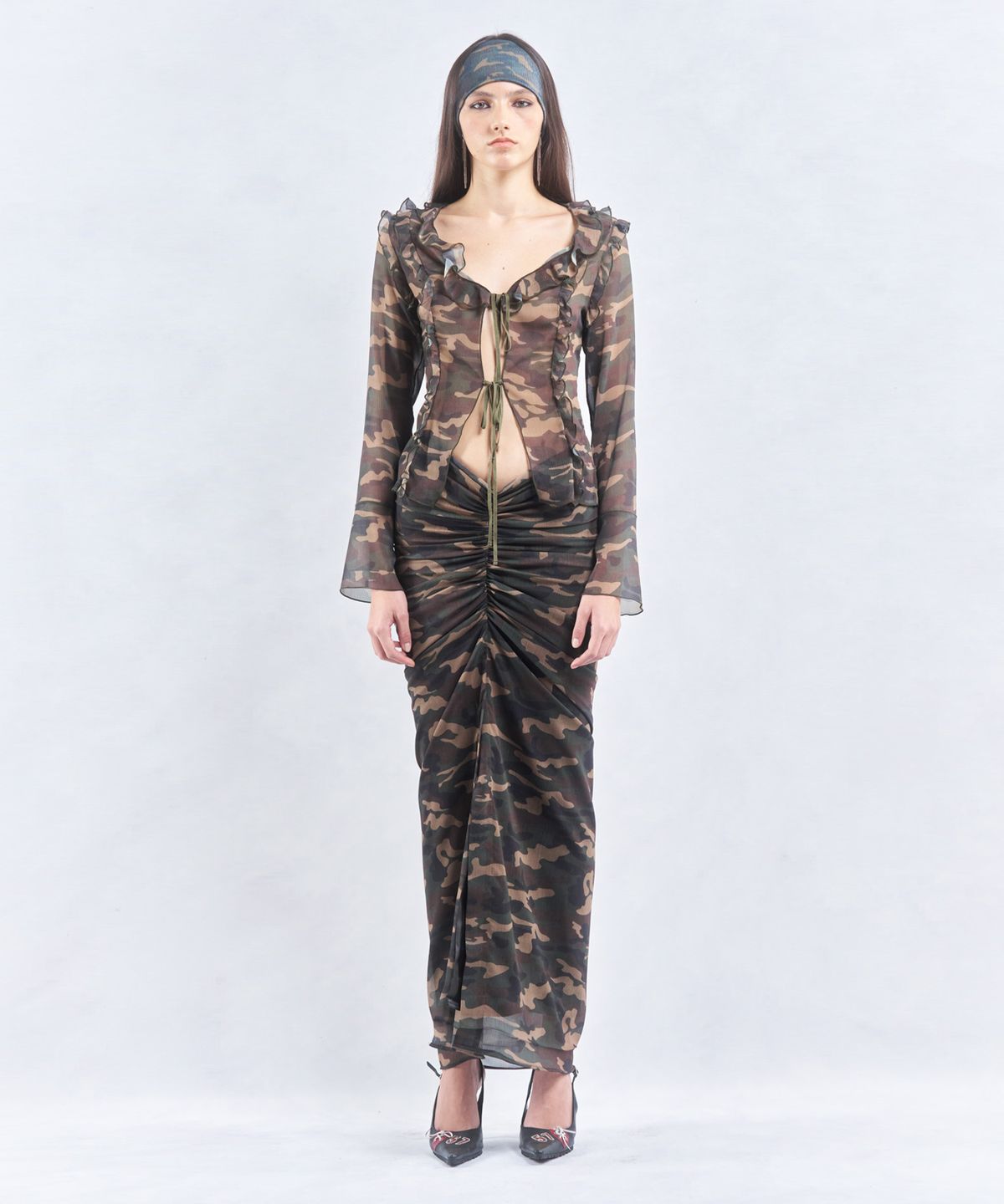 2000아카이브스(2000ARCHIVES) RUCHED MAXI SKIRT (CAMO)