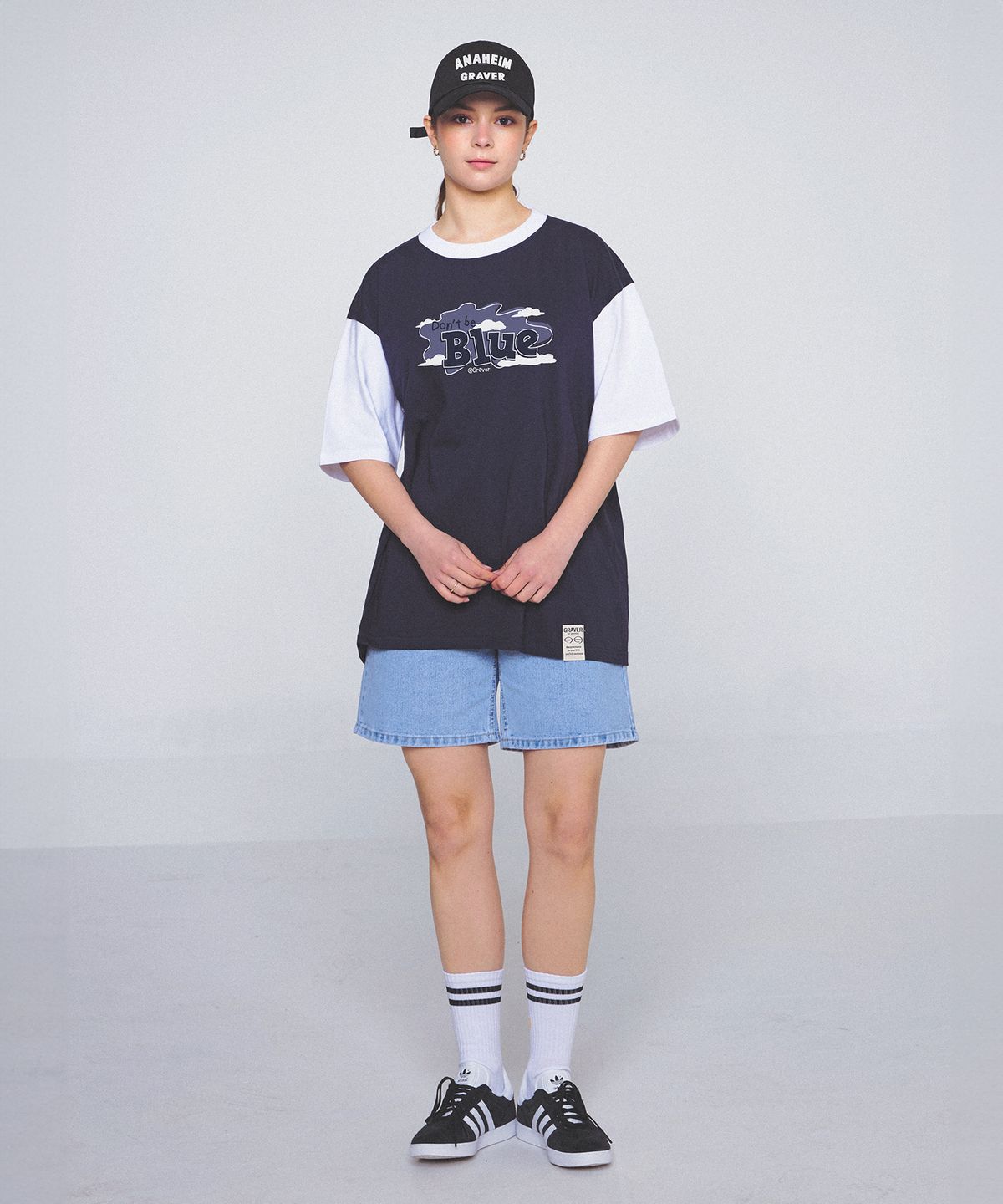 그레이버(GRAVER) [UNISEX]DONT-BE-BLUE 배색 반팔티_네이비