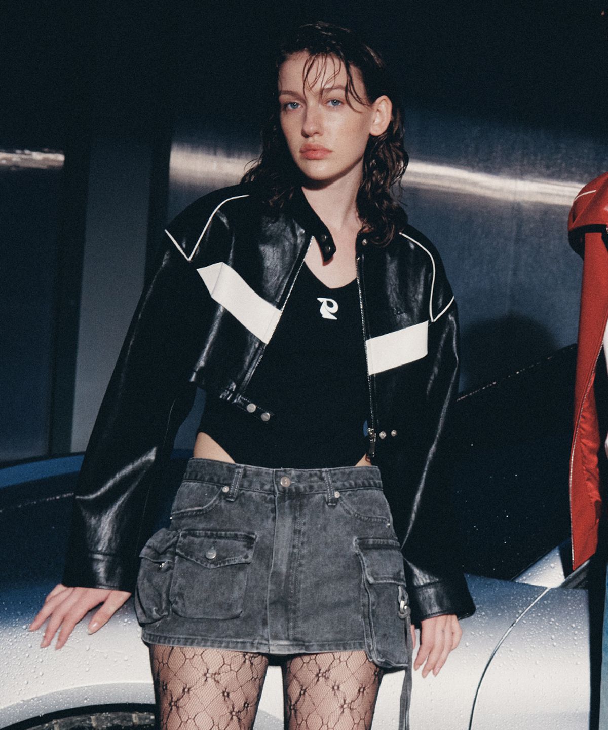 더포르타(THEPORTA) CROPPED BIKER LEATHER JACKET, BLACK