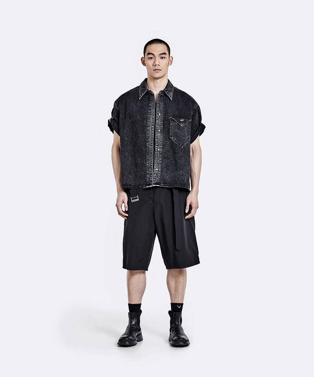 51퍼센트(51PERCENT) Triangle denim Half shirt - Washed black