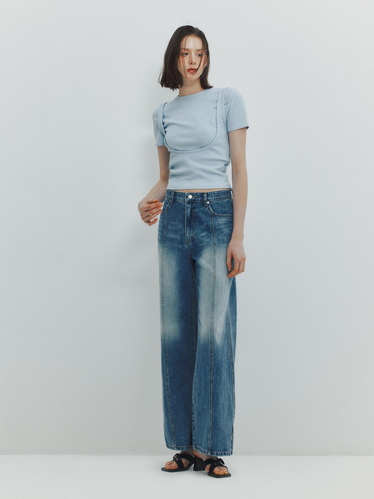 민더리(MEENDERI) CUT OUT LAYERED TOP - SKY BLUE