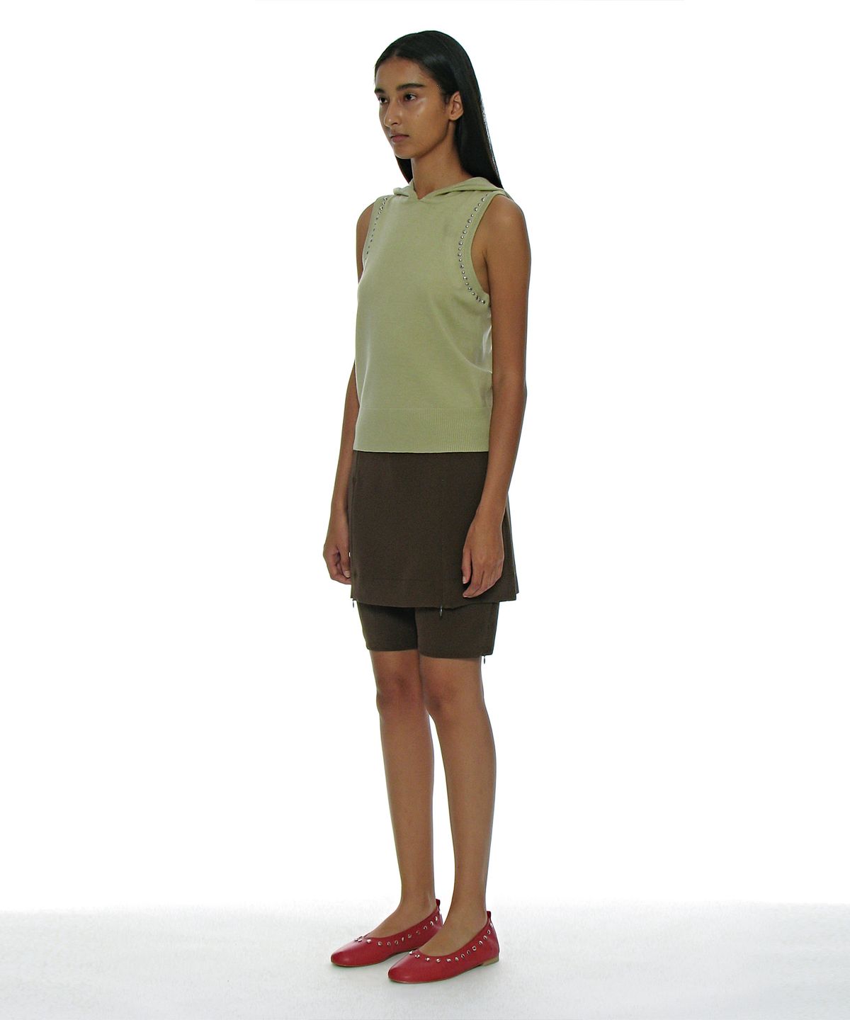 파르티멘토 우먼(PARTIMENTO WOMEN) 스터드 후디 니트 탑_옐로우 그린