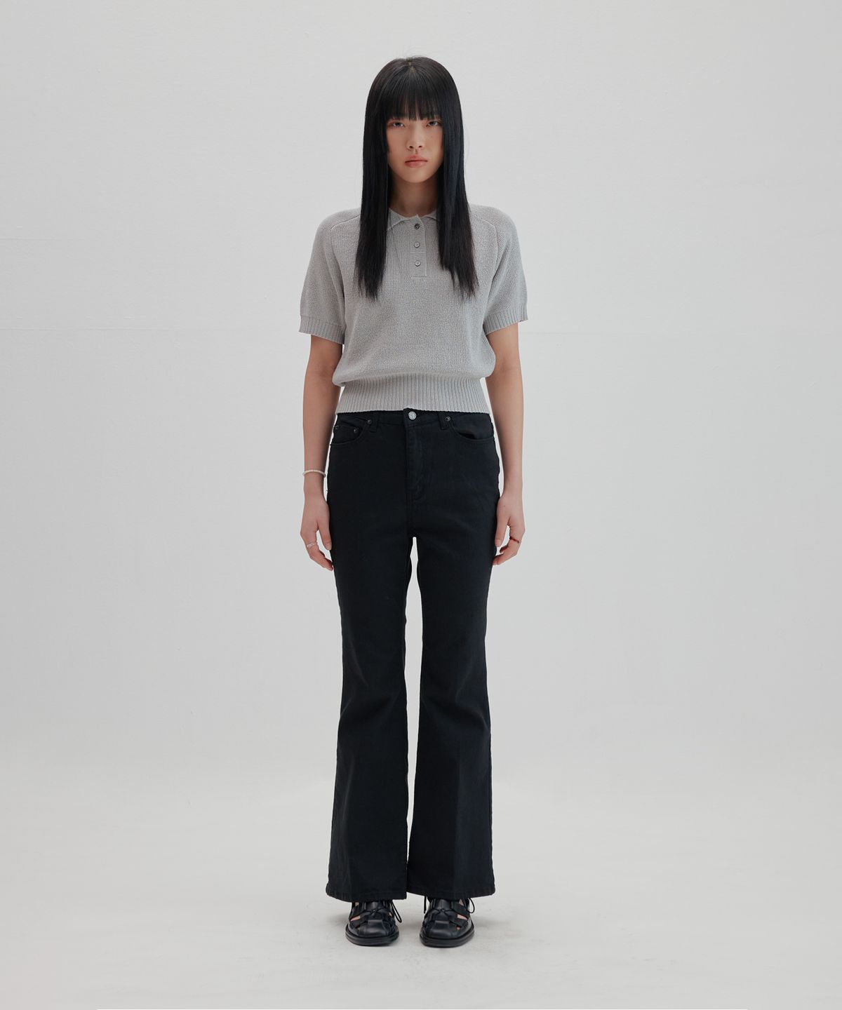 넌블랭크(NONBLANK) 래글런 하프 슬리브 칼라 크롭 니트_GREY