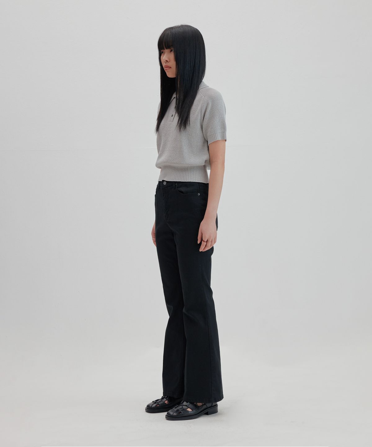 넌블랭크(NONBLANK) 래글런 하프 슬리브 칼라 크롭 니트_GREY