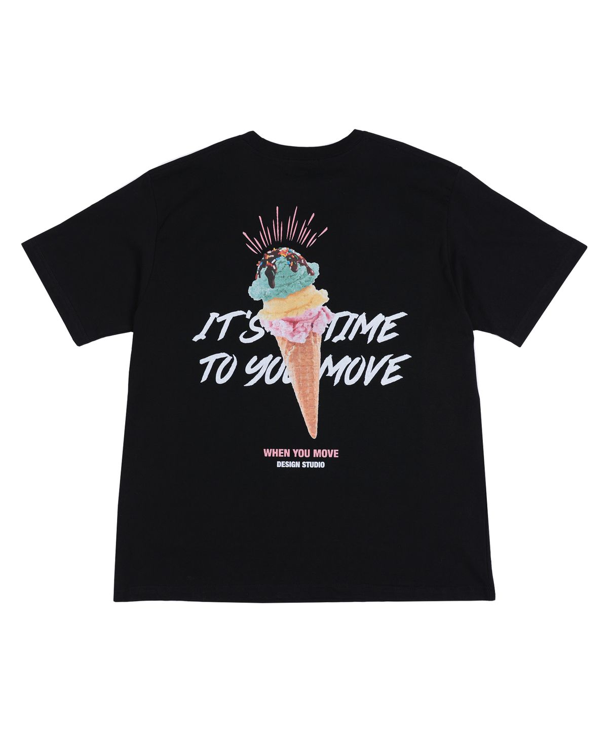 웬유무브(WHEN YOU MOVE) 오버핏 아이스크림 그래픽 로고 반팔티 블랙