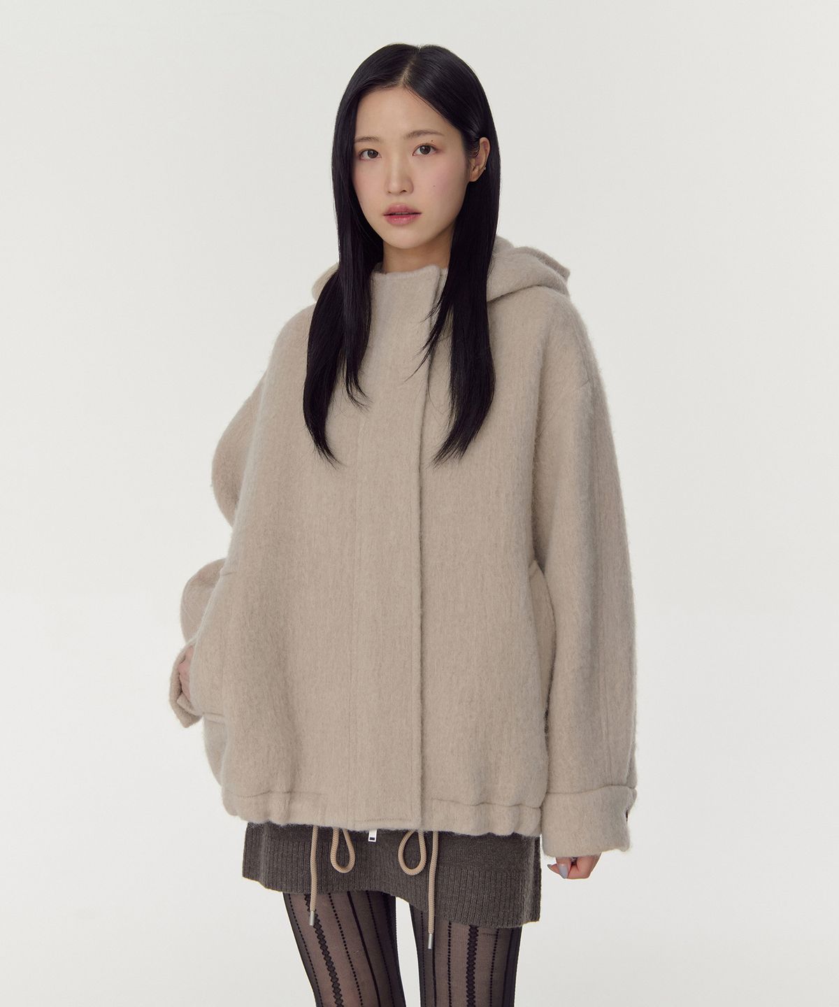 무신사 스탠다드 우먼(MUSINSA STANDARD WOMAN) 우먼즈 알파카 블렌드 후디드 쇼트 코트 [라이트 베이지]