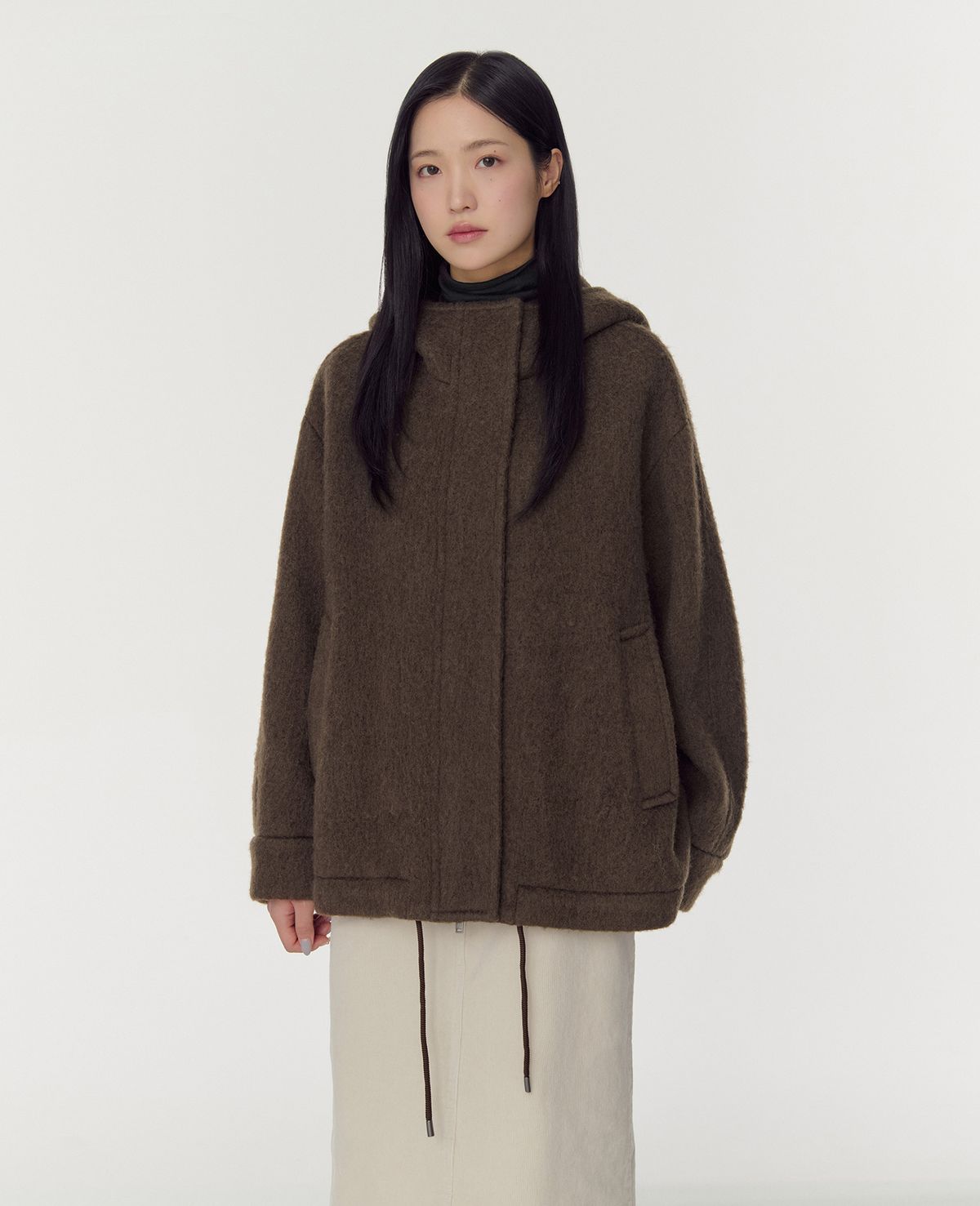무신사 스탠다드 우먼(MUSINSA STANDARD WOMAN) 우먼즈 알파카 블렌드 후디드 쇼트 코트 [브라운]