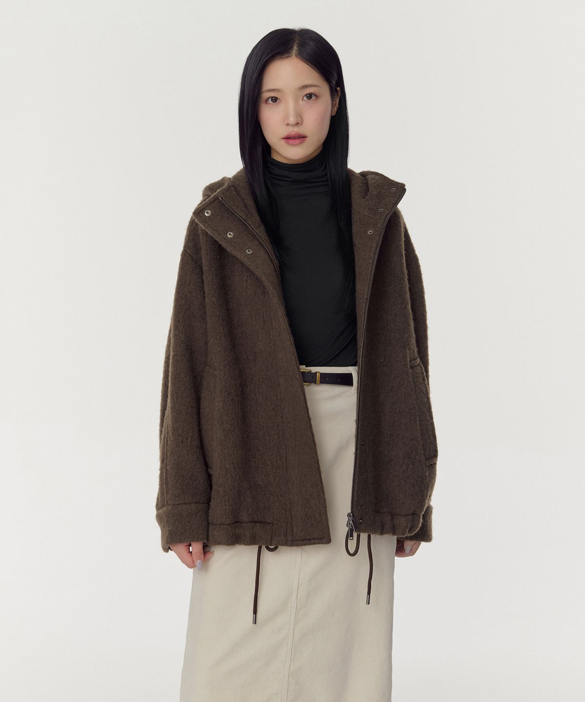 무신사 스탠다드 우먼(MUSINSA STANDARD WOMAN) 우먼즈 알파카 블렌드 후디드 쇼트 코트 [브라운]