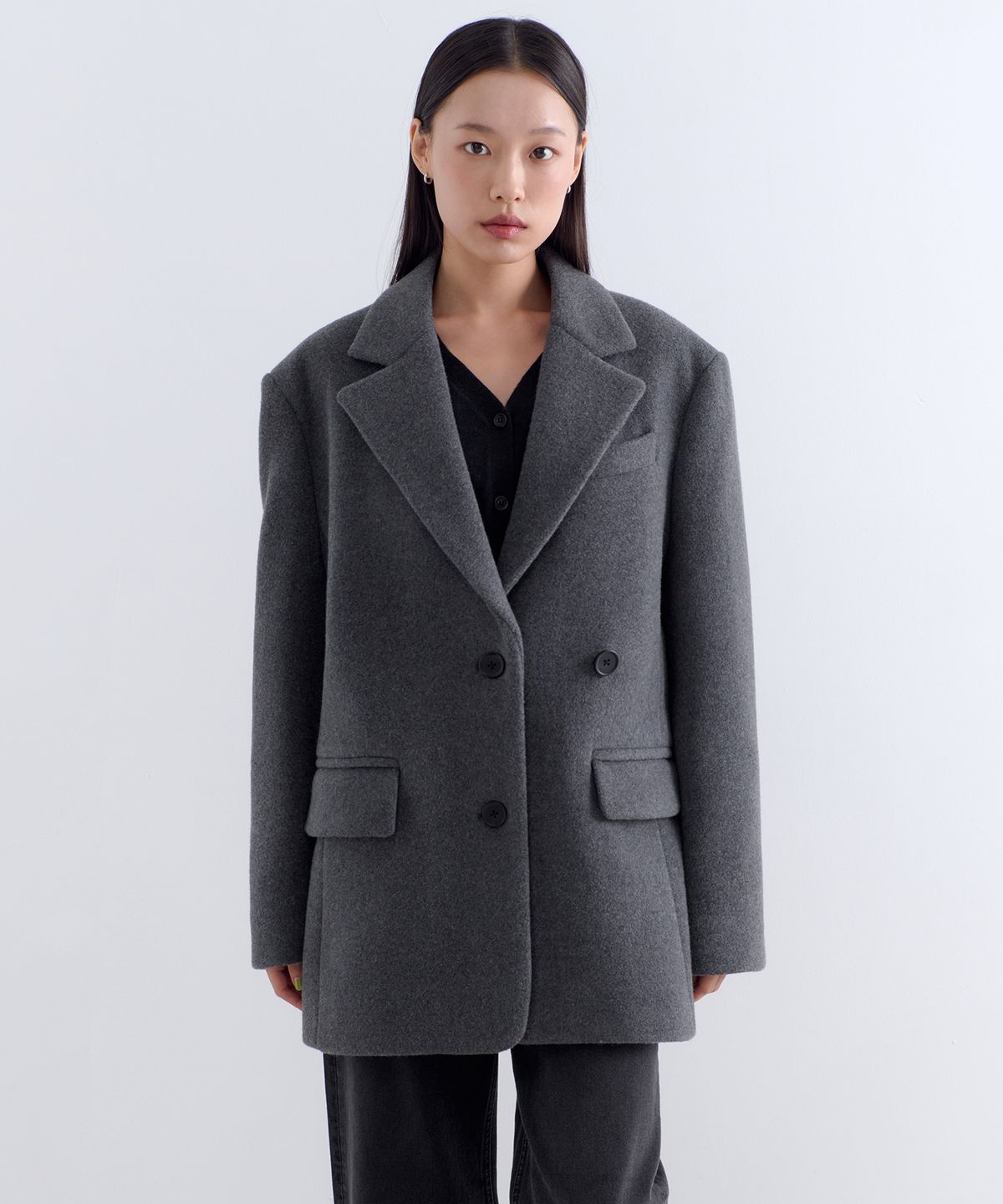 무신사 스탠다드 우먼(MUSINSA STANDARD WOMAN) 우먼즈 울 블렌드 볼륨 멜톤 오버 숄더 블레이저 코트 [미디엄 그레이]