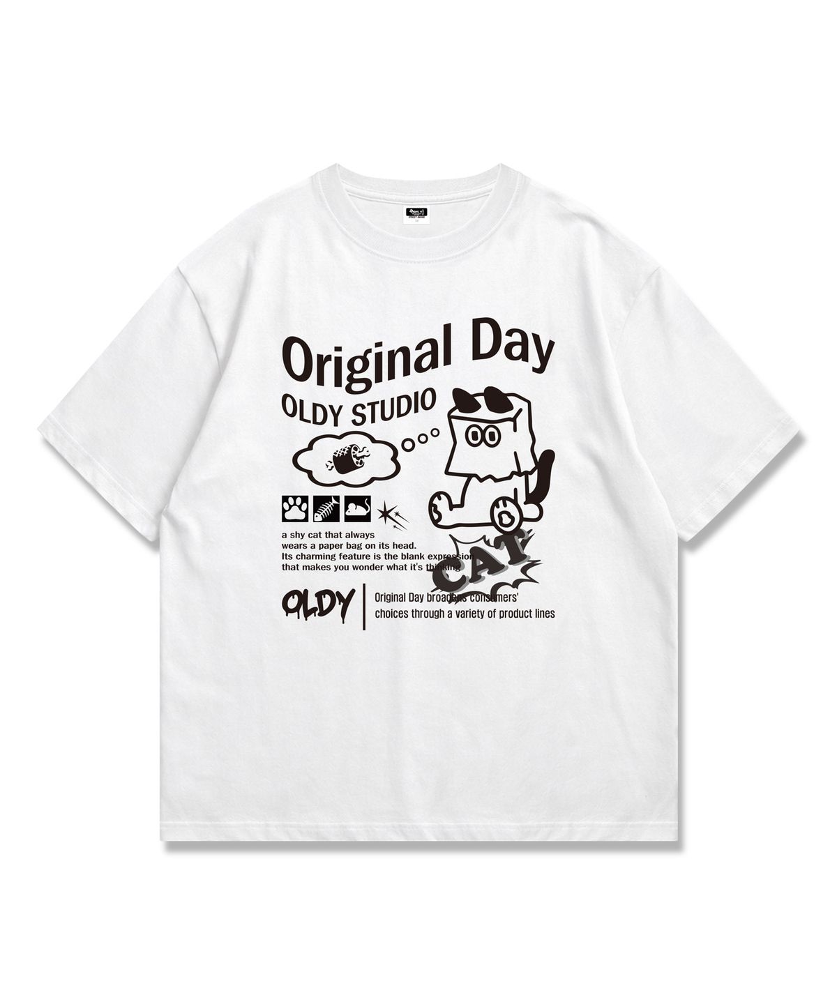 오리지널데이(ORIGINALDAY) 종이봉투 고양이 그래픽 티셔츠 오버핏 남녀공용 White