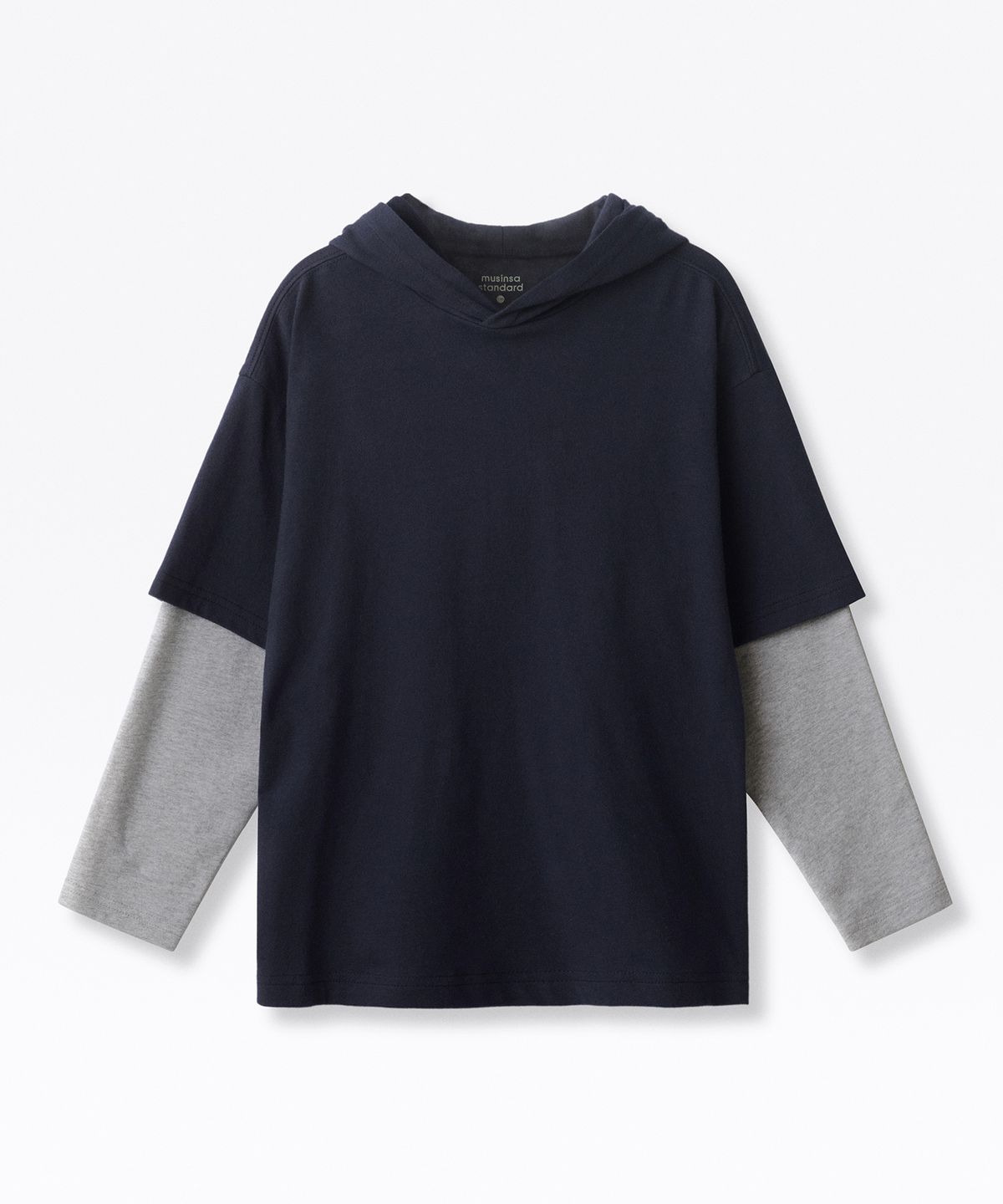 무신사 스탠다드 키즈(MUSINSA STANDARD KIDS) 오버사이즈 후드 레이어드 긴소매 티셔츠 [네이비/멜란지 그레이]
