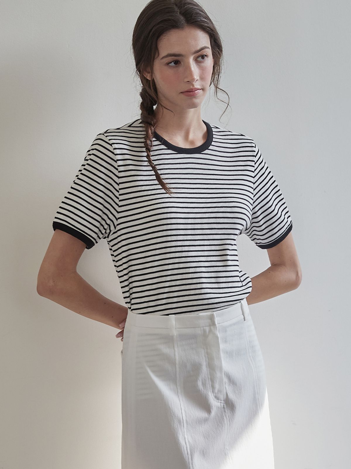 비뮤즈맨션(BEMUSE MANSION) Ribbed binding B point T-shirt - Black stripe