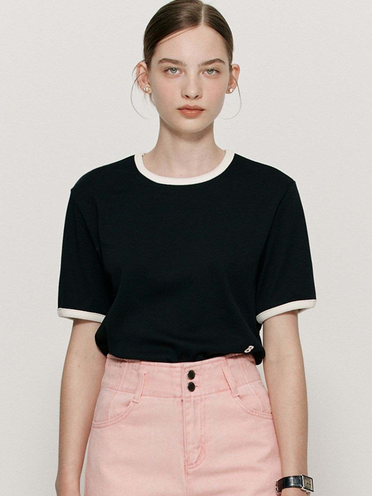비뮤즈맨션(BEMUSE MANSION) Ribbed binding B point T-shirt - Black stripe