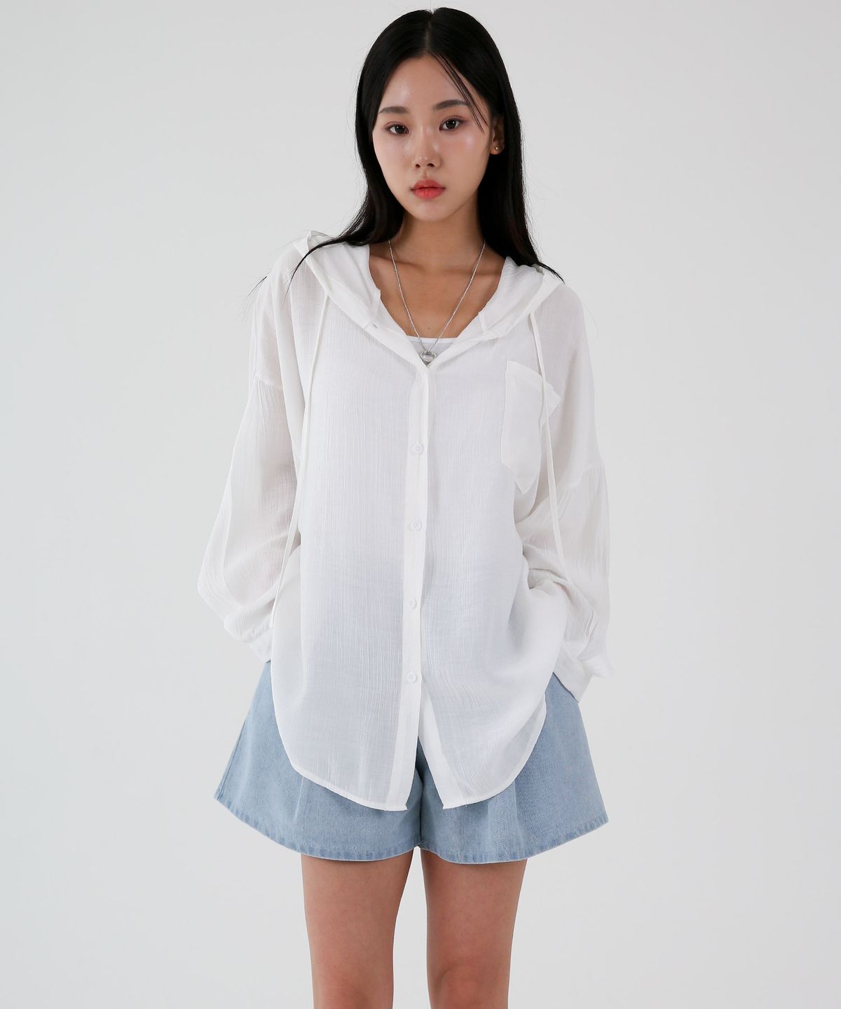 음(UMM) 여자 오버핏 링클프리 포켓후드셔츠 아이보리