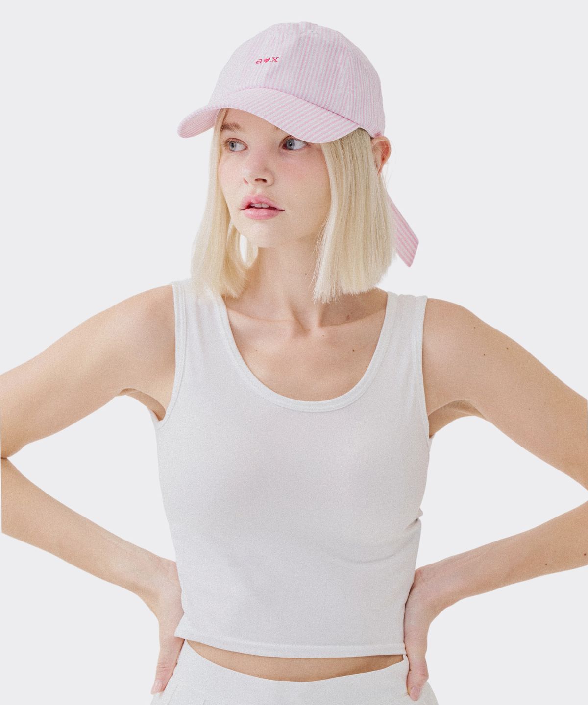 에이오엑스(AOX) aox stripe ribbon ball cap pink