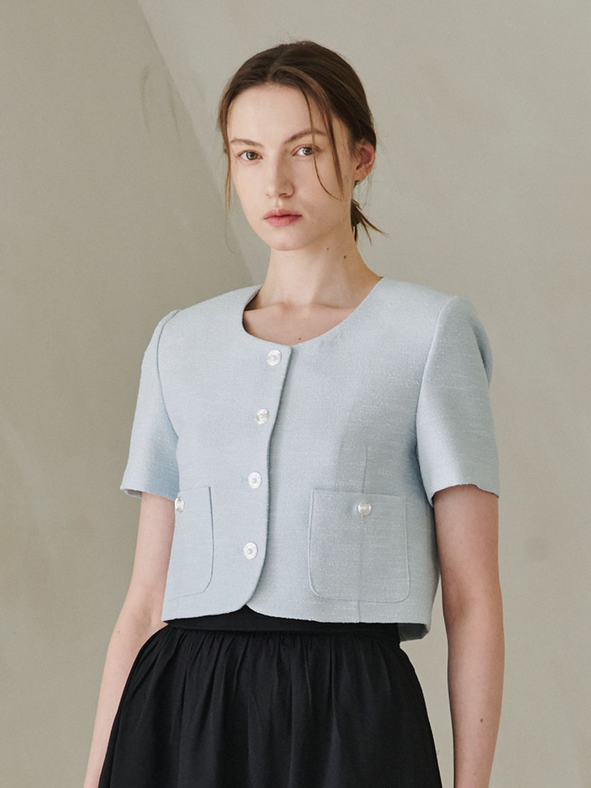 누브(NOUVE) Summer Tweed Round Jacket - Sky Blue