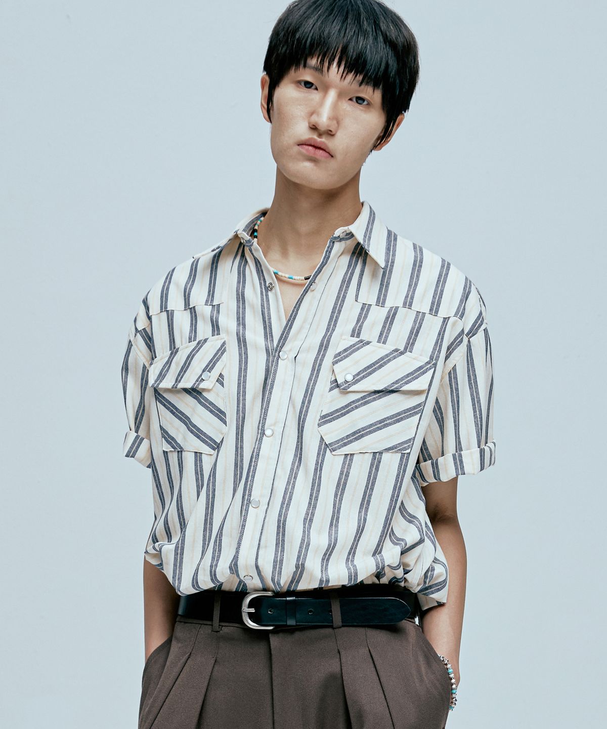 케이엔드(KND) RTR 스트라이프 웨스턴 반팔셔츠 아이보리
