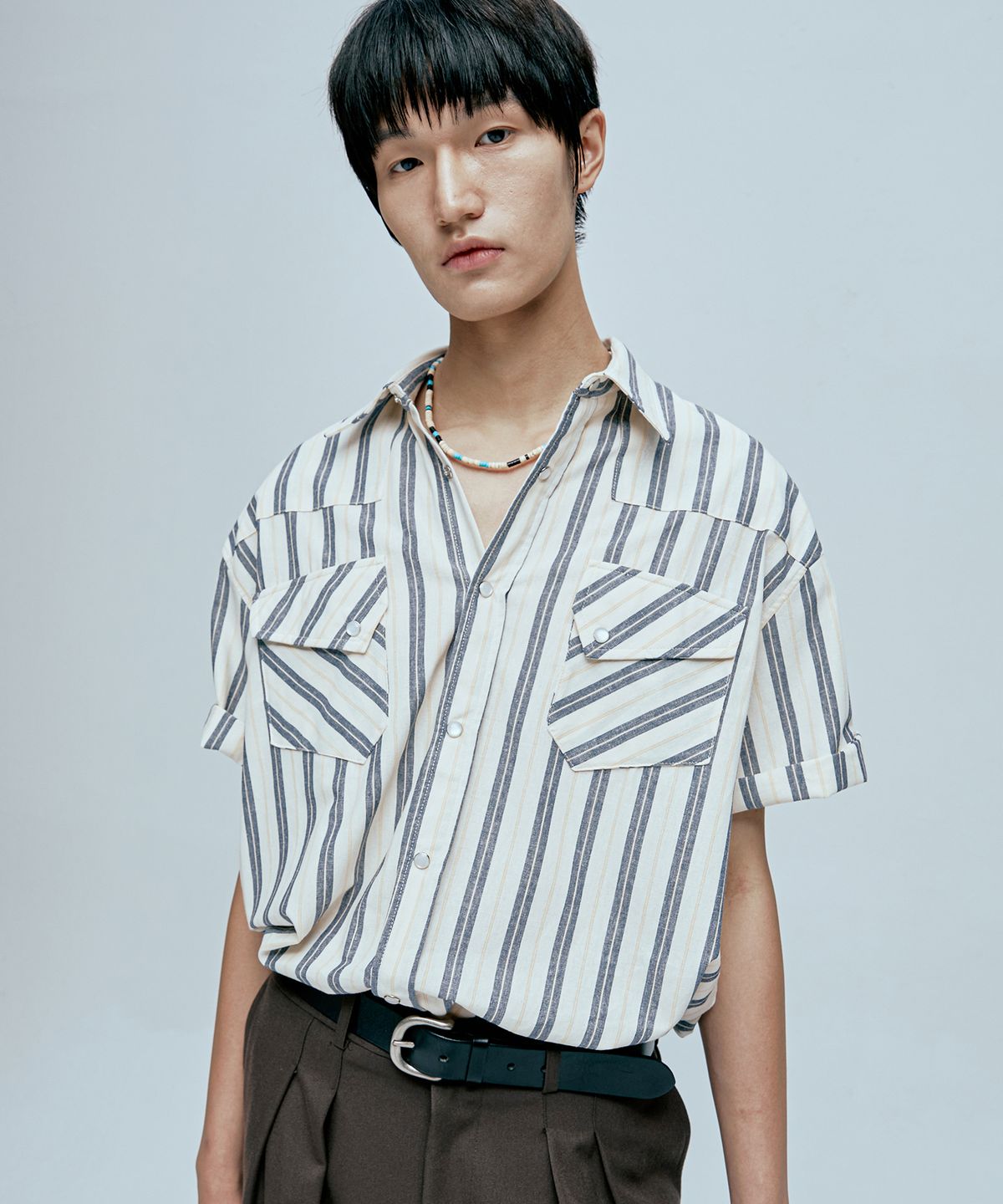 케이엔드(KND) RTR 스트라이프 웨스턴 반팔셔츠 아이보리