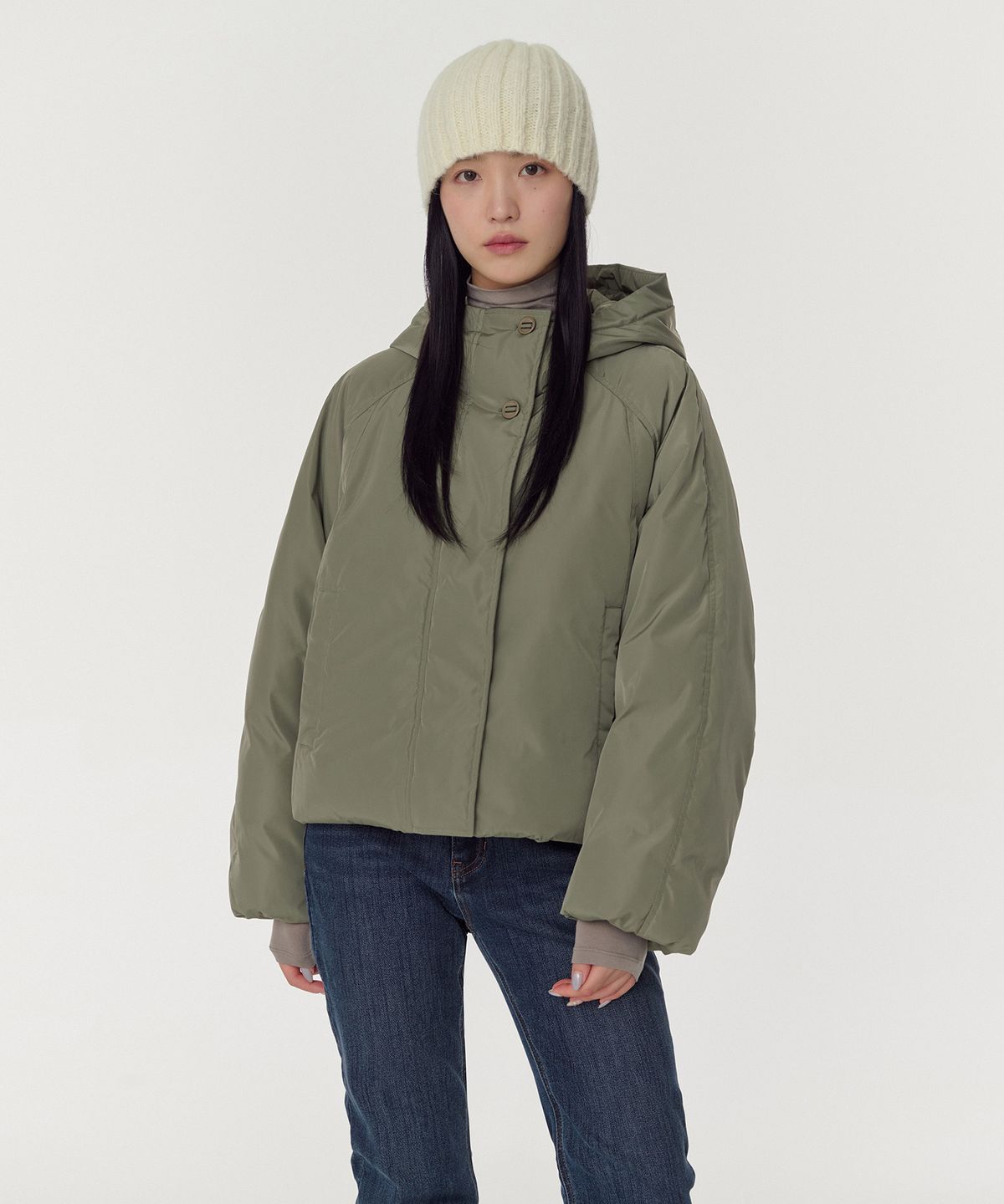 무신사 스탠다드 우먼(MUSINSA STANDARD WOMAN) 우먼즈 후디드 숏 패딩 재킷 [카키]