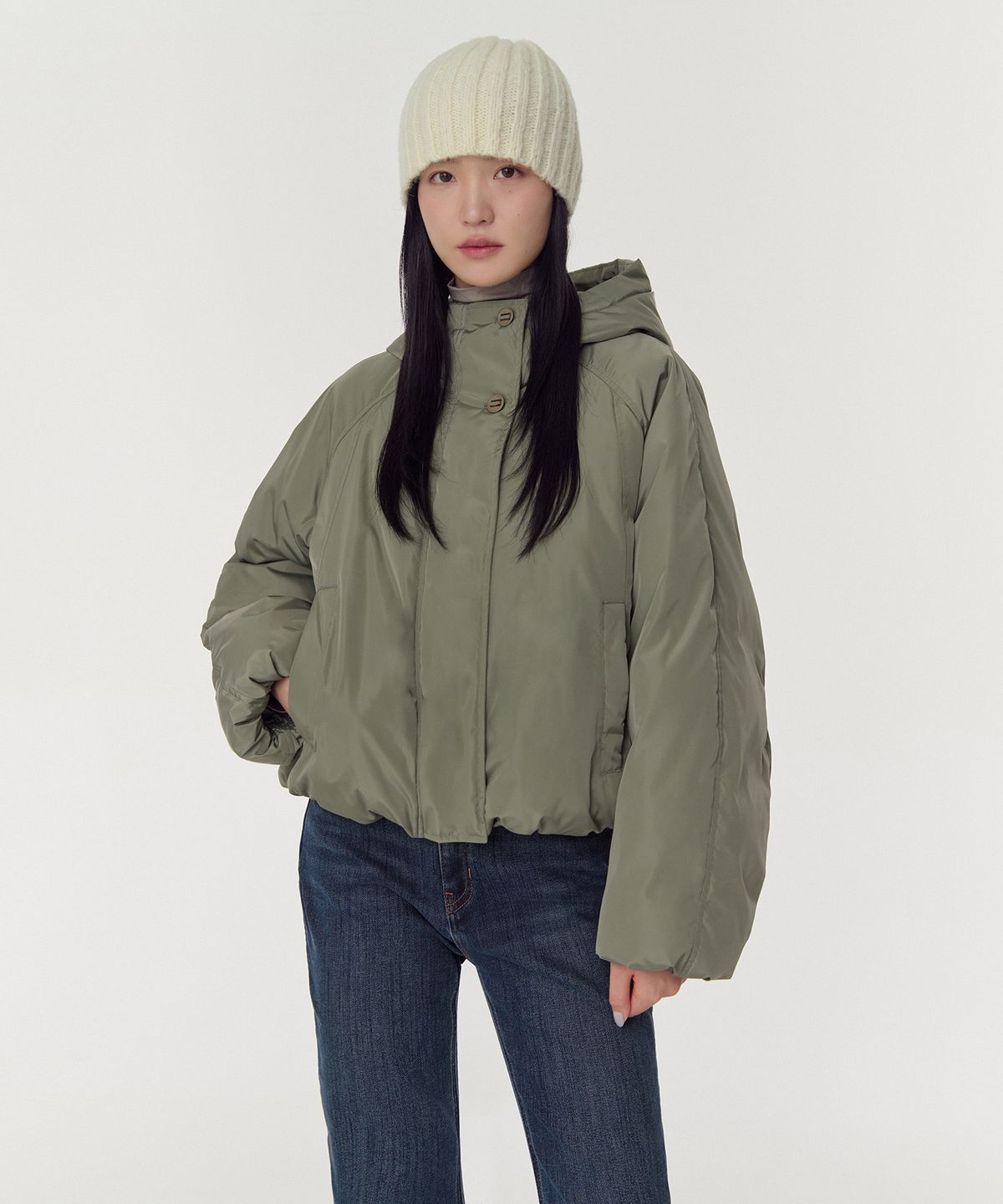 무신사 스탠다드 우먼(MUSINSA STANDARD WOMAN) 우먼즈 후디드 숏 패딩 재킷 [카키]