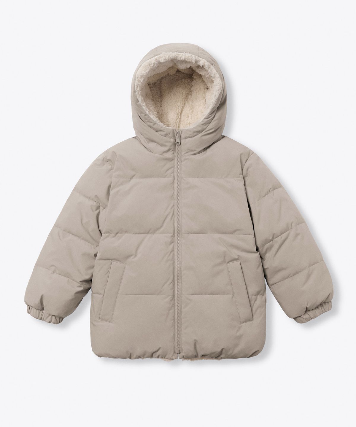 무신사 스탠다드 키즈(MUSINSA STANDARD KIDS) 데일리 푸퍼 리버서블 플리스 후디드 패딩 재킷 [더스티 베이지/크림]