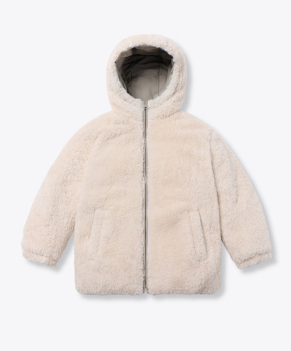 무신사 스탠다드 키즈(MUSINSA STANDARD KIDS) 데일리 푸퍼 리버서블 플리스 후디드 패딩 재킷 [더스티 베이지/크림]