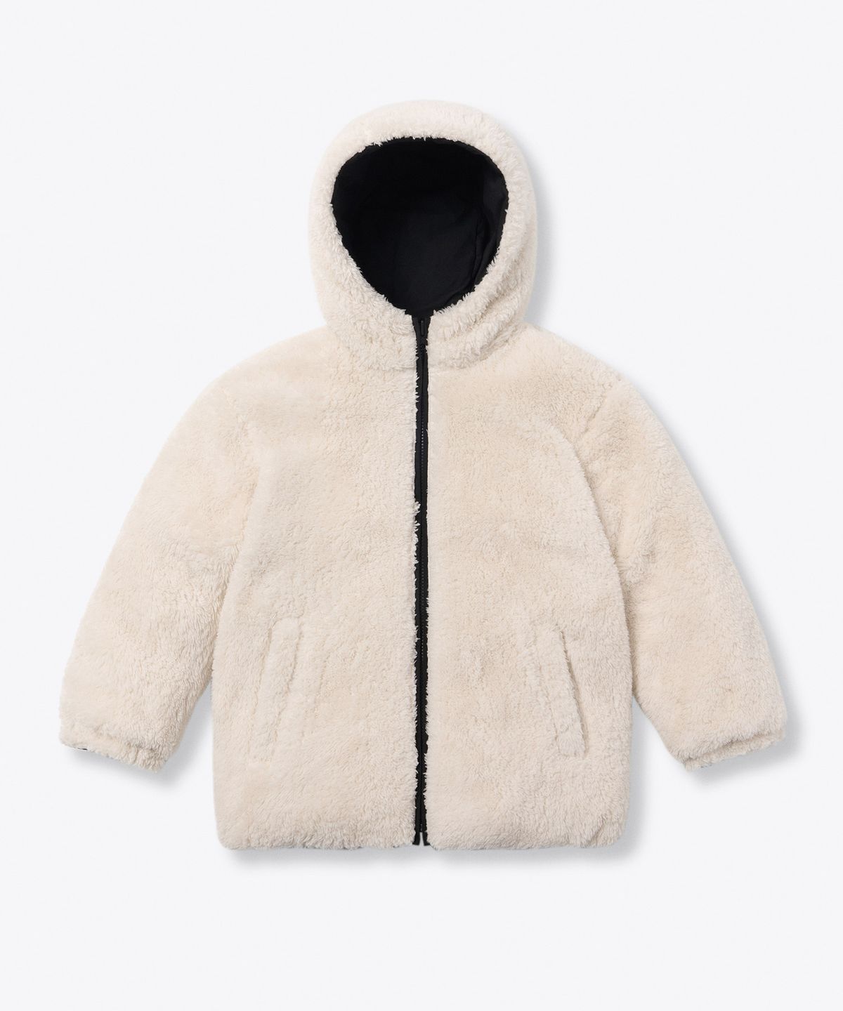 무신사 스탠다드 키즈(MUSINSA STANDARD KIDS) 데일리 푸퍼 리버서블 플리스 후디드 패딩 재킷 [블랙/크림]