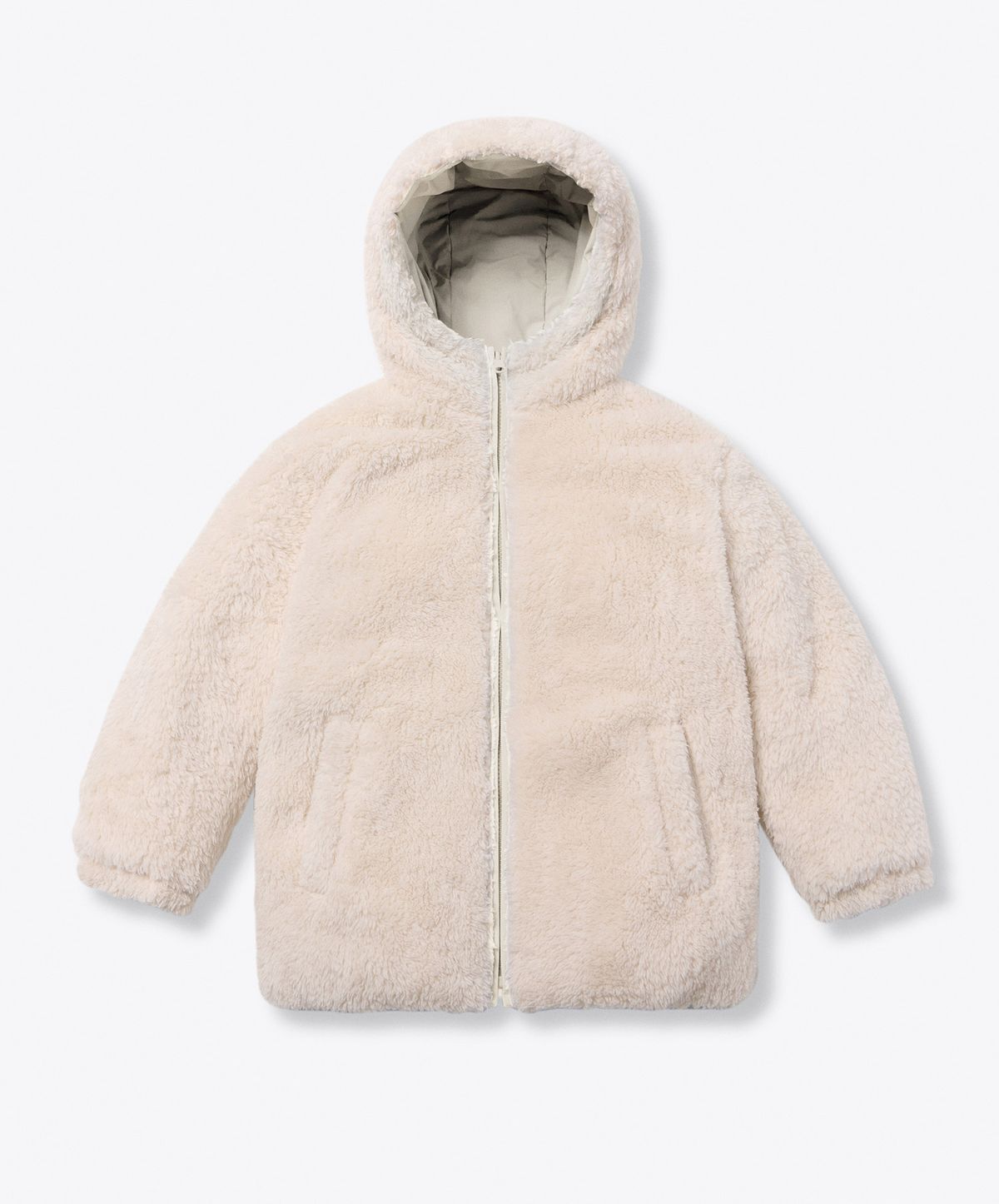 무신사 스탠다드 키즈(MUSINSA STANDARD KIDS) 데일리 푸퍼 리버서블 플리스 후디드 패딩 재킷 [크림/크림]