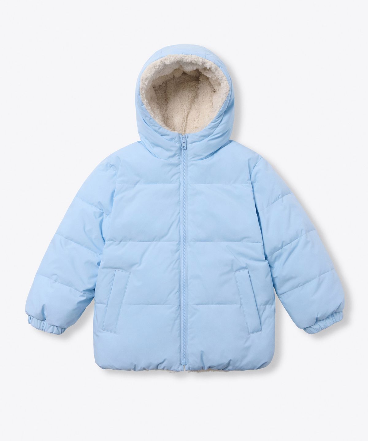 무신사 스탠다드 키즈(MUSINSA STANDARD KIDS) 데일리 푸퍼 리버서블 플리스 후디드 패딩 재킷 [스카이 블루/크림]