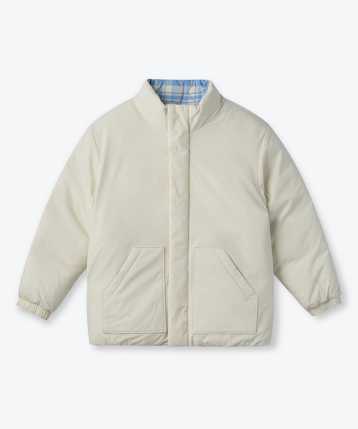 무신사 스탠다드 키즈(MUSINSA STANDARD KIDS) 데일리 푸퍼 리버서블 체크 숏 패딩 재킷 [스카이 블루/크림]