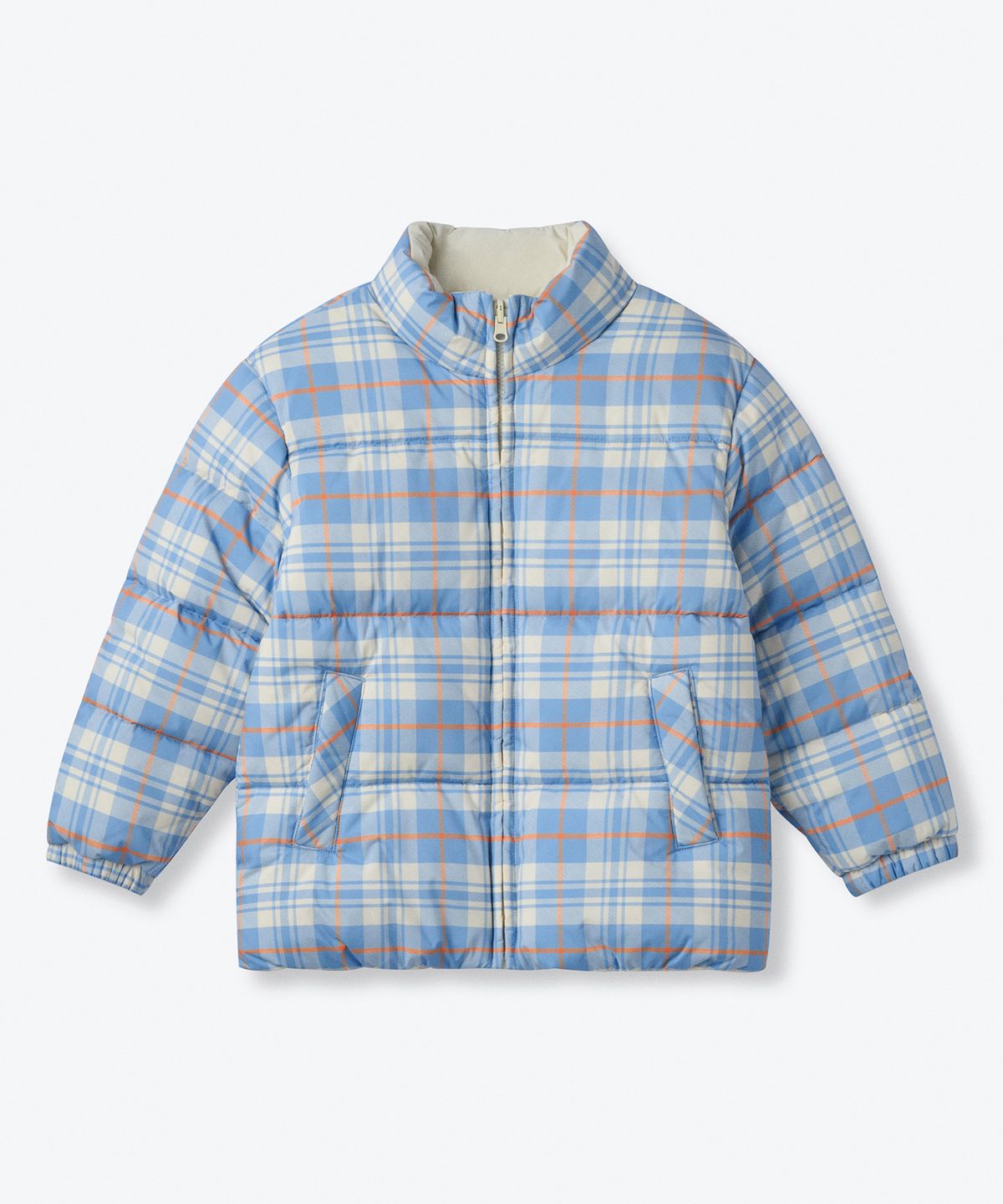 무신사 스탠다드 키즈(MUSINSA STANDARD KIDS) 데일리 푸퍼 리버서블 체크 숏 패딩 재킷 [스카이 블루/크림]