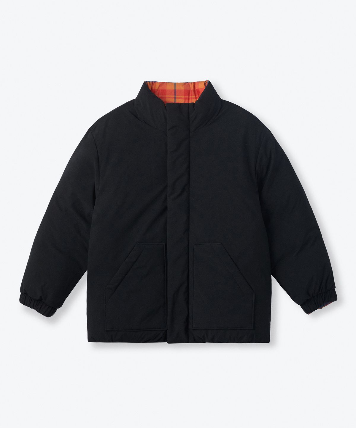 무신사 스탠다드 키즈(MUSINSA STANDARD KIDS) 데일리 푸퍼 리버서블 체크 숏 패딩 재킷 [탠저린/블랙]