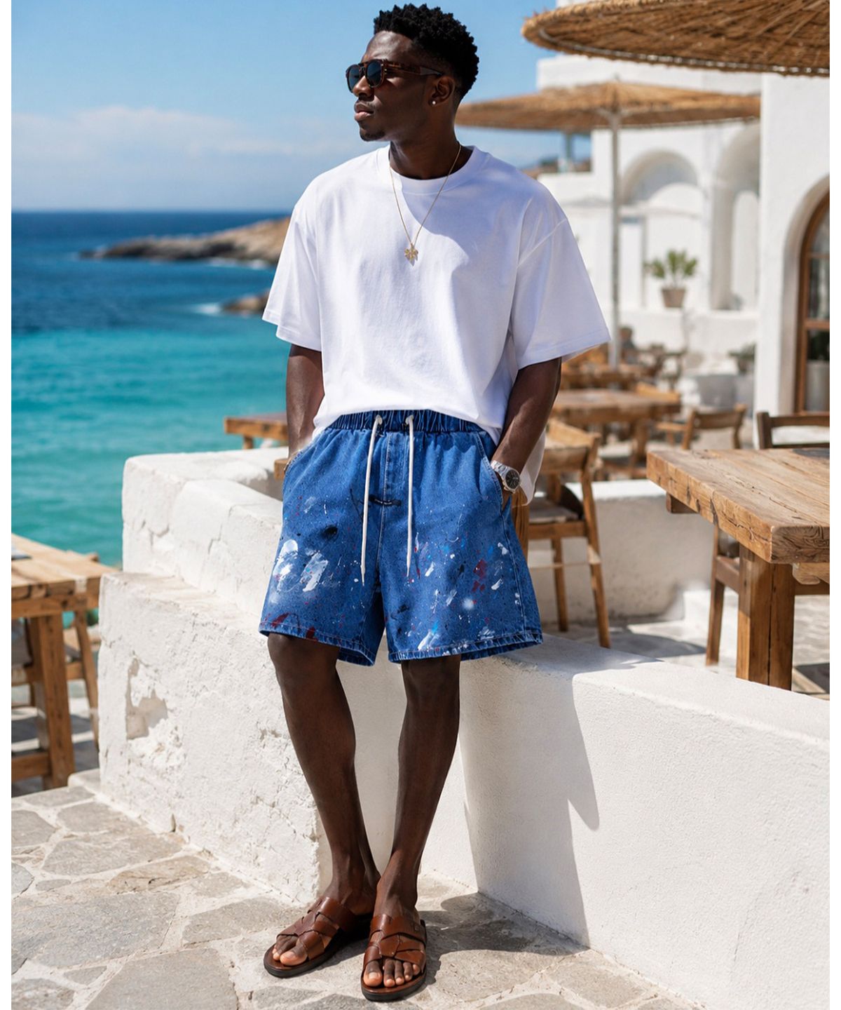 스트라이크(STRIKE) Blue Wash Multi-Hue Painted Denim Shorts (RELAX)