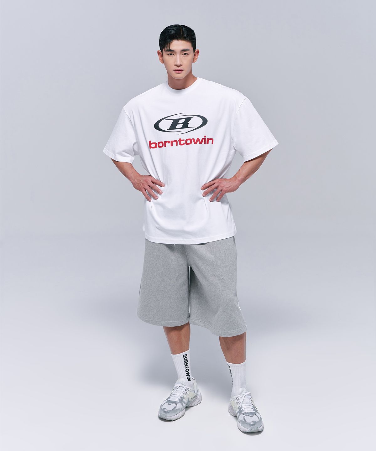 본투윈(BORN TO WIN) SIDE B LOGO HALF PANTS [MELANGE GREY]