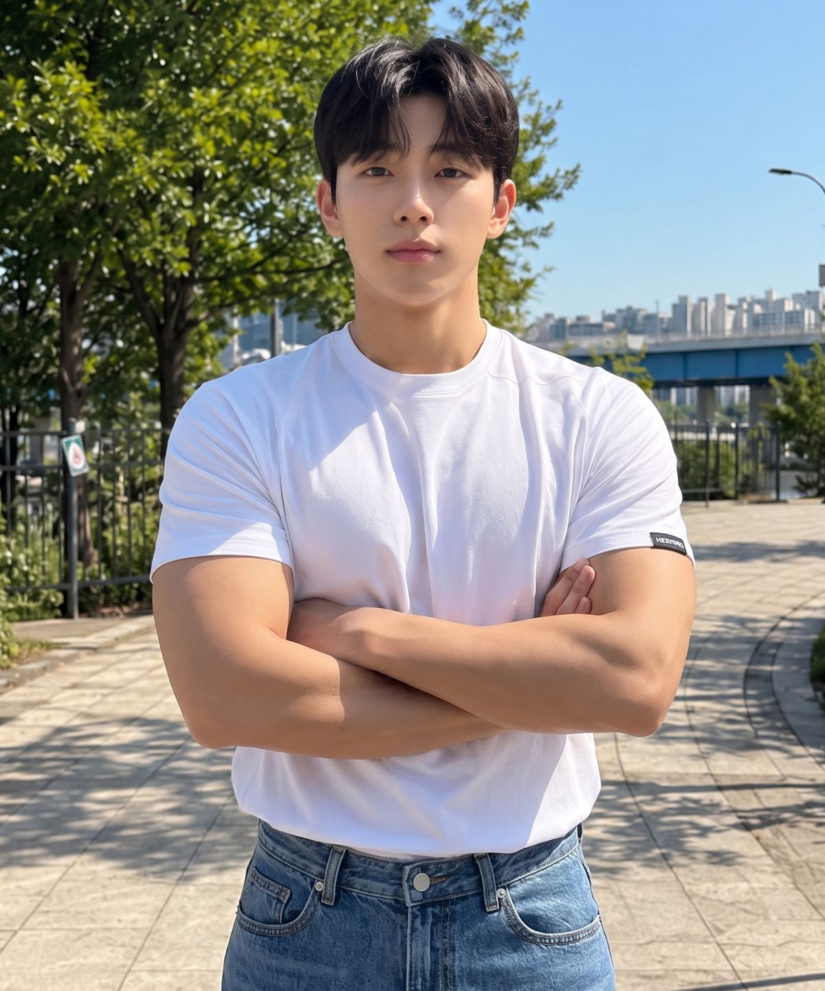 에르비노(HERVINO) 스판 머슬핏 반팔티[화이트]