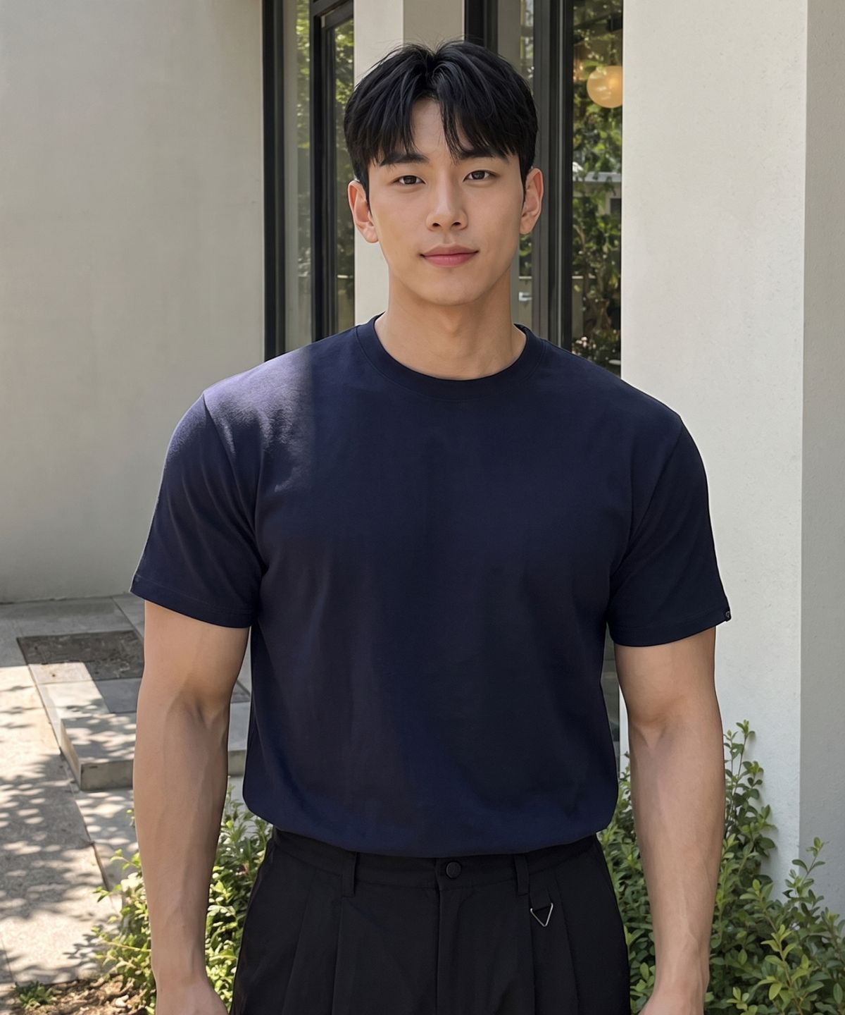 에르비노(HERVINO) 스판 머슬핏 반팔티[네이비]