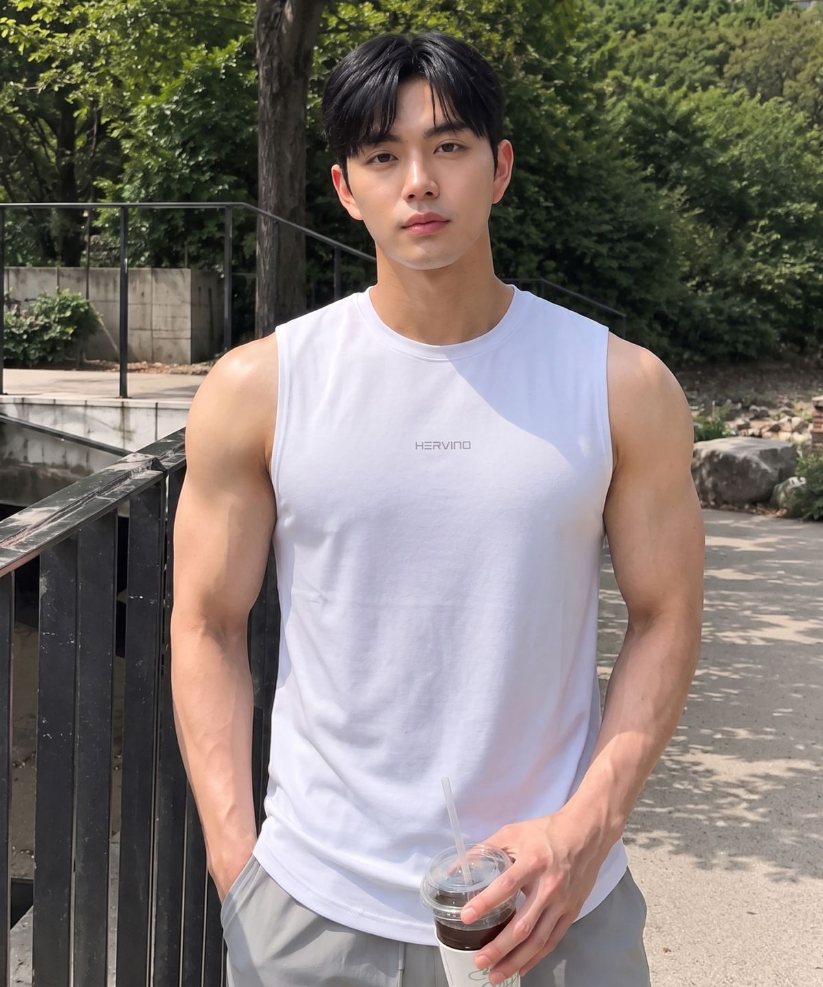 에르비노(HERVINO) 머슬 릴렉스핏 데일리 슬리브리스[화이트]