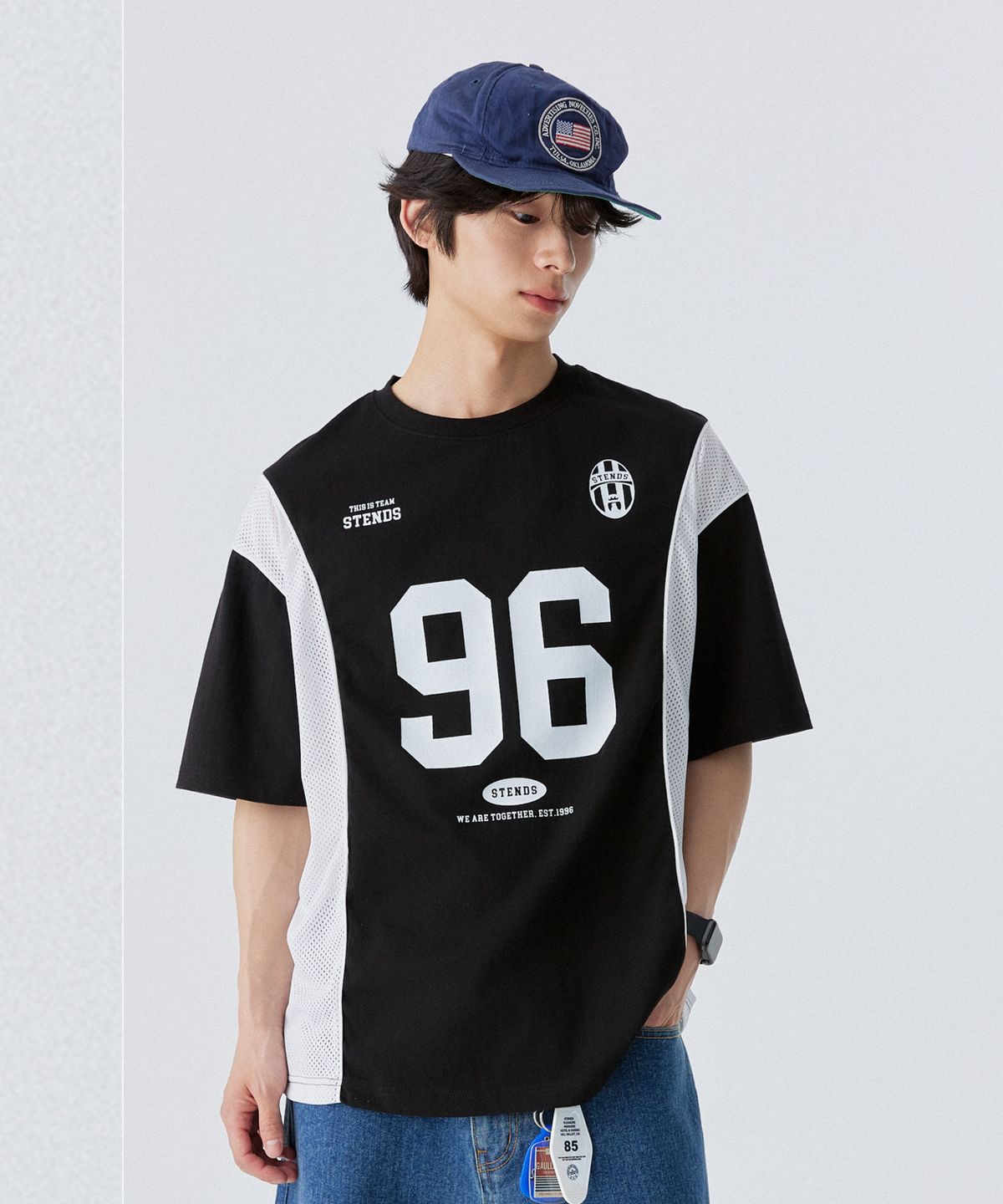 스탠즈(STENDS) [M~4XL] 블록코어 메쉬 풋볼 티셔츠_블랙