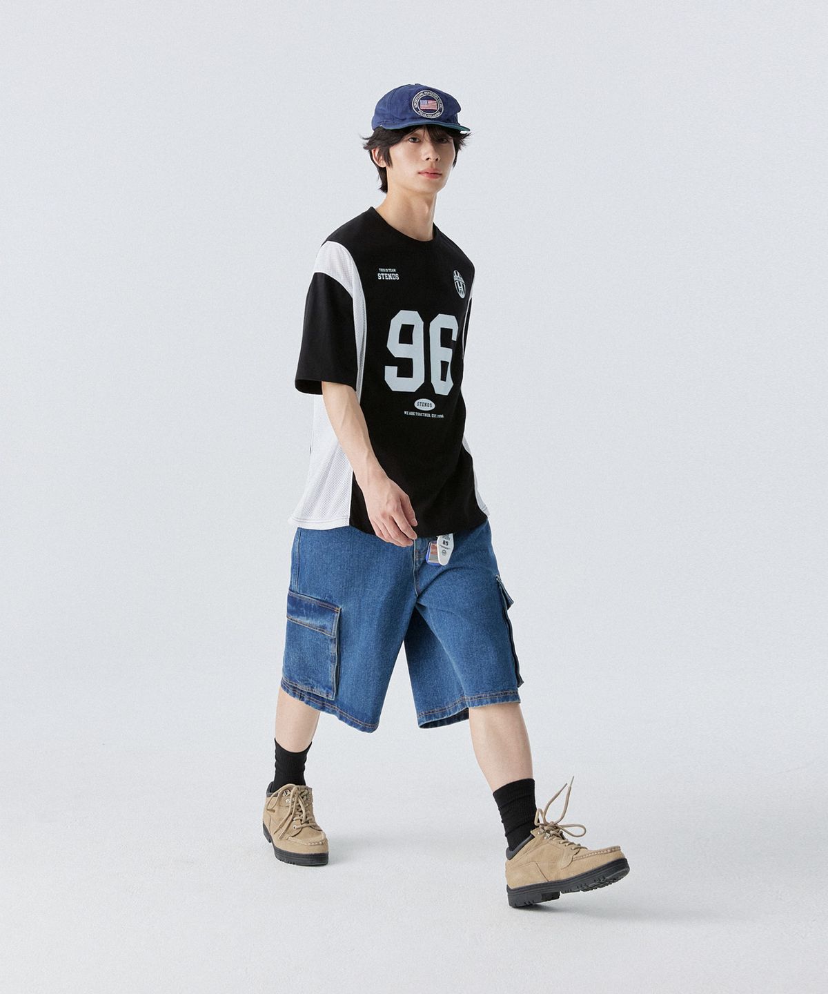 스탠즈(STENDS) [M~4XL] 블록코어 메쉬 풋볼 티셔츠_블랙