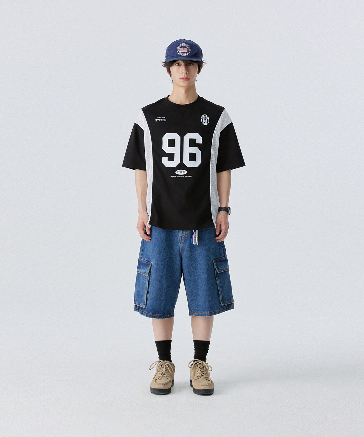스탠즈(STENDS) [M~4XL] 블록코어 메쉬 풋볼 티셔츠_블랙